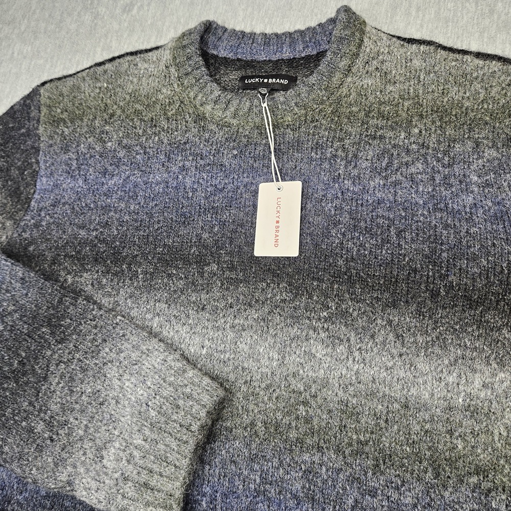 Lucky Brand Sweater Mens 2XL Gray Blue Gradient Stripe Crewneck Knit Pullover